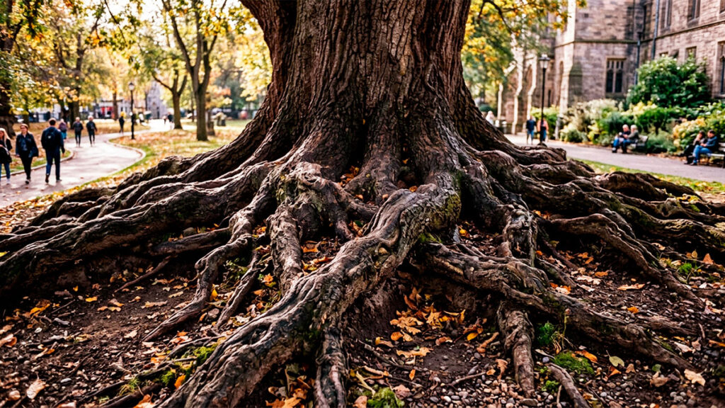 Raizes grossas e profundas de árvore robusta em parque no meio da cidade, representando a sustentabilidade corporativa como estratégia de longevidade.